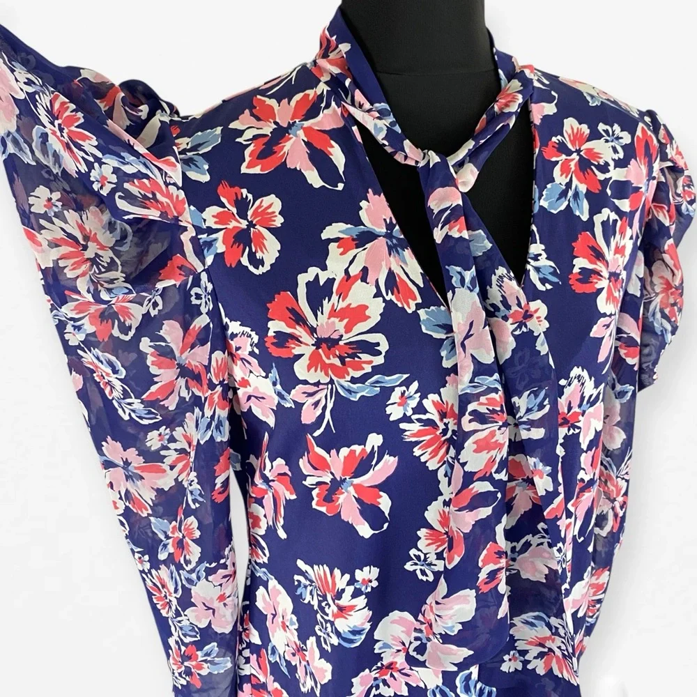 PerSeption Concept Blue Pink Tie scarf Front Ruffled Career v-neck Blouse top L - Picture 2 of 11